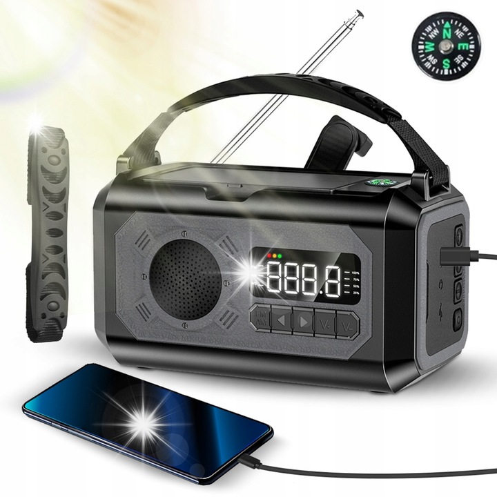 Radio portabil solar 3 in 1, AM/FM/SW, 4000 mAh, 8 tipuri de zgomot alb, set complet, negru