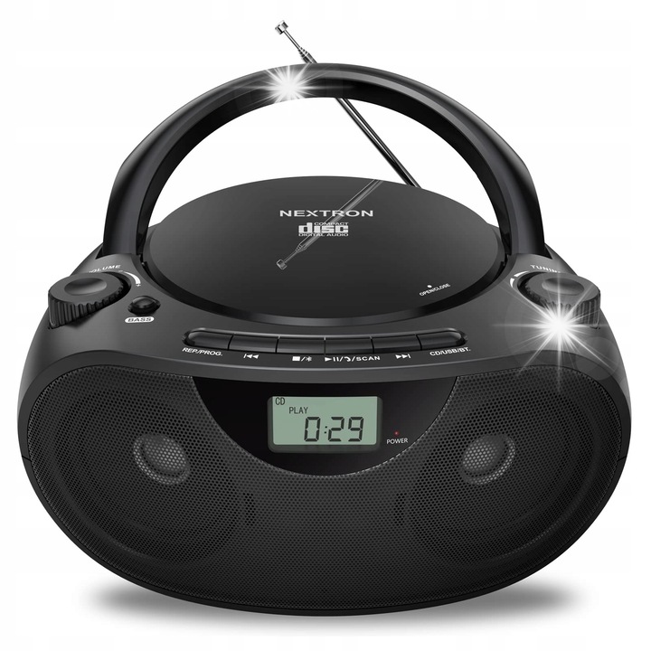 Преносим CD радиокасетофон с Bluetooth, AM/FM радио, USB, 2 високоговорителя, черен, 23.3x20.8x11.4см