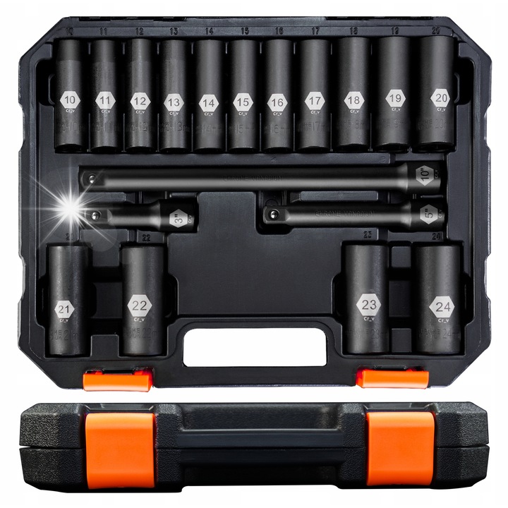 Set capete de impact 1/2", 10-24mm, CR-V, 15 piese, rezistent la coroziune