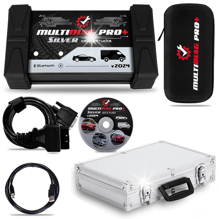 Tester diagnostic OBD2 MULTIDIAG PRO+ SILVER, pentru automobile personale si comerciale, set complet, cablu ODB2, cablu USB, carcasa rezistenta, 2024