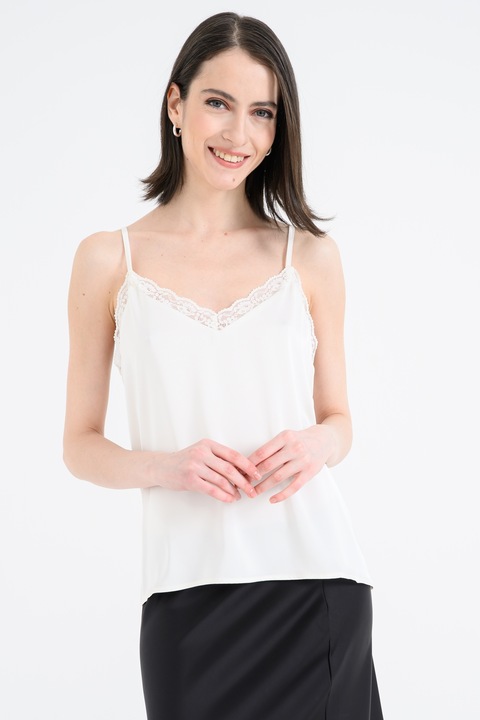 Vila, Сатиниран топ с дантелена подплата, Бял