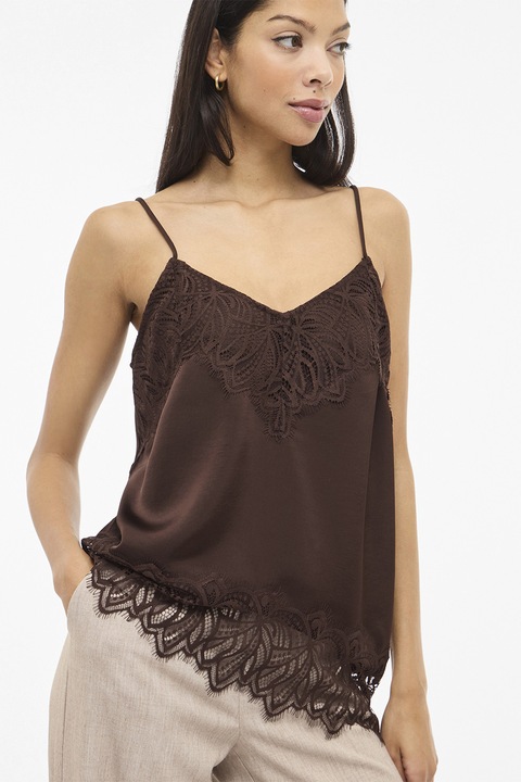 Vila, Top cu decolteu in V si insertii de dantela, Maro inchis