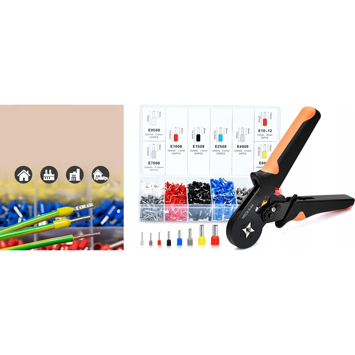 Комплект клещи за кримпване на кабели, 1200 конектора, 0,5-10 мм, черно-оранжеви