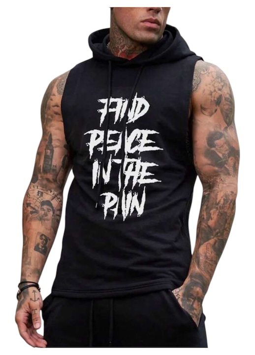 Férfi póló, fekete, kapucnis, vékony, L