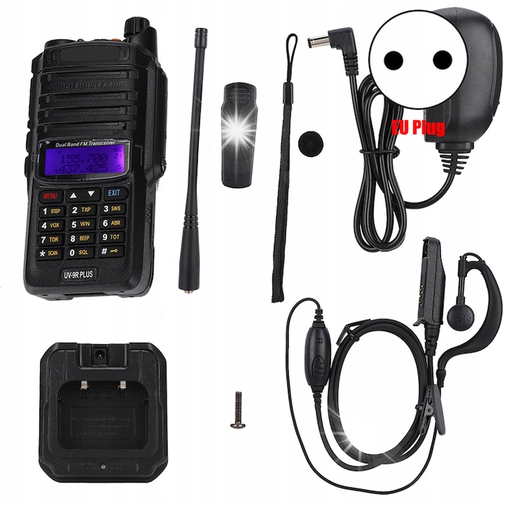Walkie Talkie UV-9R Plus, 15W, VHF UHF, 8000 mAh, negru, set complet