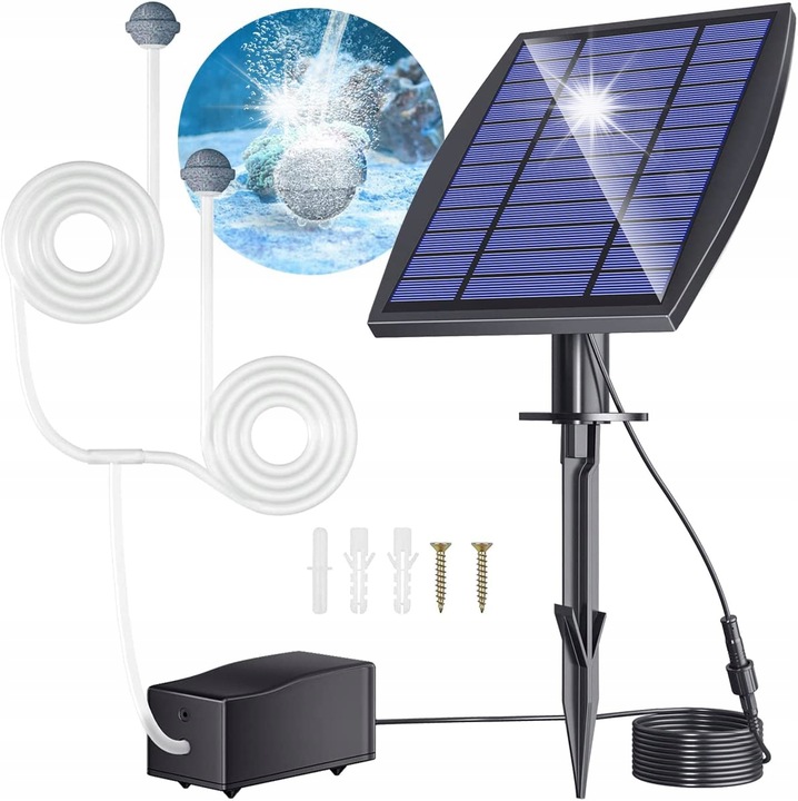 Pompa solara de aer, 2,5W, acumulator 1800mAh, set cu 2 furtunuri si 2 pietre de aerare, 19,1x17x2,7cm