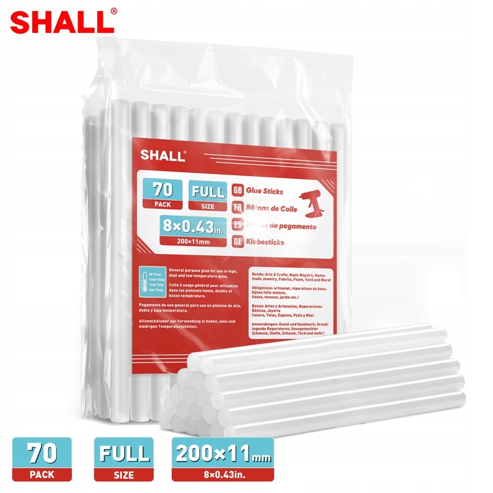 Set 70 bataoane lipici 0,43"x8", Shall, compatibile cu pistoale de lipit, rezistente la apa si socuri