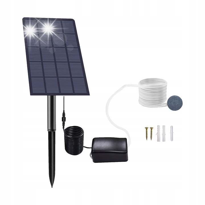 Pompa de aer solara pentru acvariu, 2W, cu panou solar, 0,8 l/min, 15x9,5cm, set complet