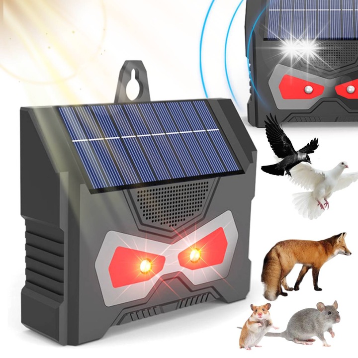 Соларно устройство за прогонване на животни, водоустойчиво, с LED лампа, 10,5x10,2см, комплект с кабел за зареждане