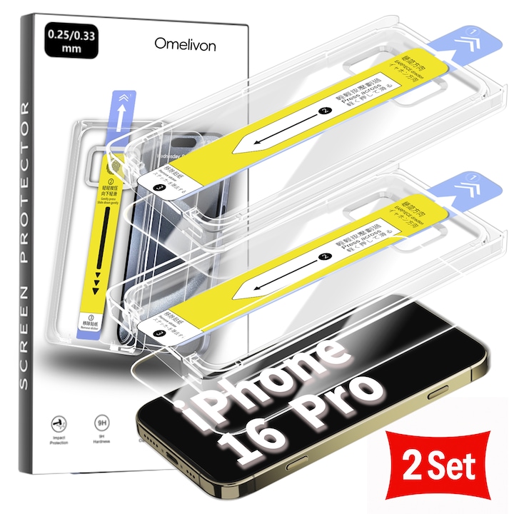 Set 2 Folii de Protectie pentru iPhone 16 Pro, Omelivon, Sticla temperata, Cu Kit de Aplicare Instanta si Functie Automata de Indepartare a Prafului, Duritate 9H, Advanced touch sensitivity, Anti-amprente, Claritate FullHD, Transparent