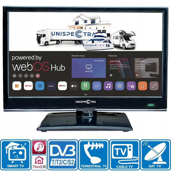 Televizor 16" Smart, Unispectra, 12V/230V, Tuner DVB-T/T2/S2/C, Wi-Fi, Bluetooth, VESA 75x75mm