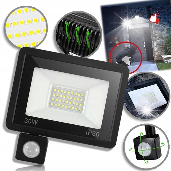 Proiector LED 30W cu senzor de miscare, negru, IP66, 4500K, 12m raza de detectie, set 1 bucata