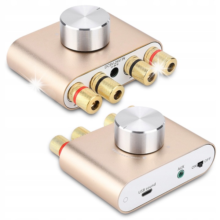 Amplificator 100W HIFI BT AUX USB, 110-240V, auriu, set complet