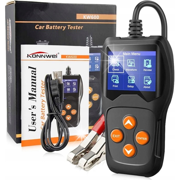 Konnwei KW600 autóakkumulátor tesztelő, 3 féle teszt, 2.4" LCD kijelző, 140x80x24mm, teljes készlet