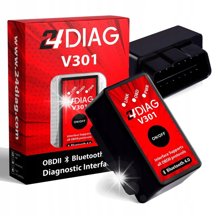 Диагностичен интерфейс 24Diag V301 Bluetooth 4.0, четене и изтриване на OBD-II грешки, комплект