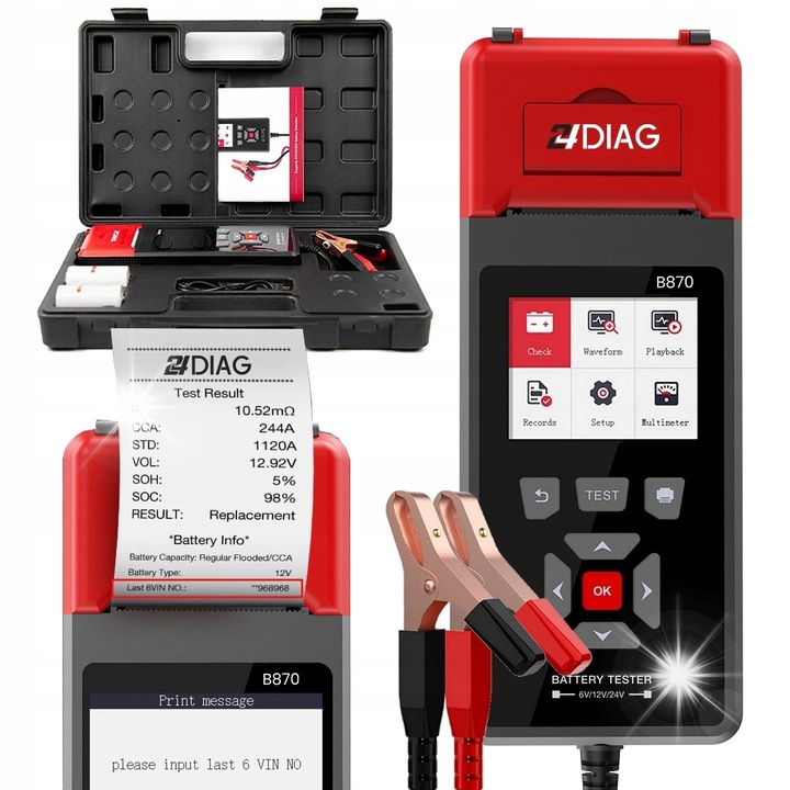 Тестер за батерии KINGBOLEN BM800 с принтер, 6V 12V 24V, 22.5x9x4.3cm, пълен комплект с куфар и аксесоари