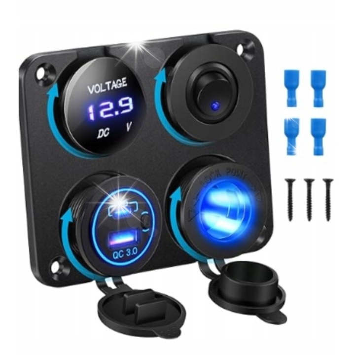 PANEL 4 Szivargyújtó aljzat, töltő, voltmérő BE/KI, 12V/24V, autós elektronikus tartozékok