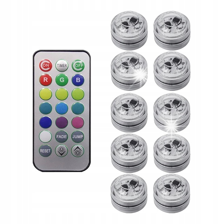 Set 10 LED-uri colorate wireless pentru iluminare interioara auto, RGB, 30x25mm, cu telecomanda, rezistente la apa IP67