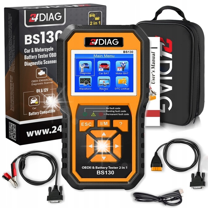 24Diag 2in1 OBD2 akkumulátor tesztelő, 6V/12V, 2-220AH, fekete
