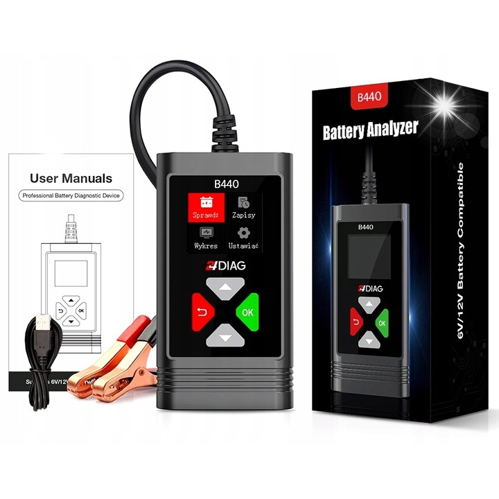 24Diag B440 akkumulátortesztelő, 6V-12V, 2Ah-220Ah, USB kábellel és használati útmutatóval