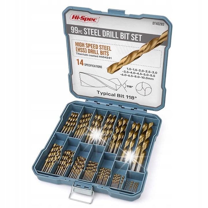 Set 99 burghie HSS pentru metal 1-10mm, Hi-Spec, acoperire titan, etui de depozitare