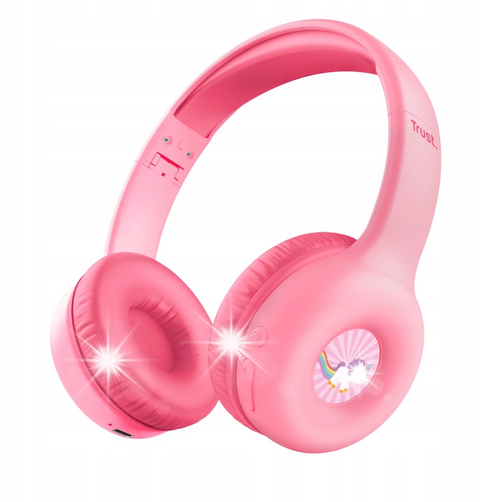 Vezeték nélküli gyerek fejhallgató, Trust, rózsaszín, 85 dB hangerő korlátozás, Bluetooth, matricaszettel