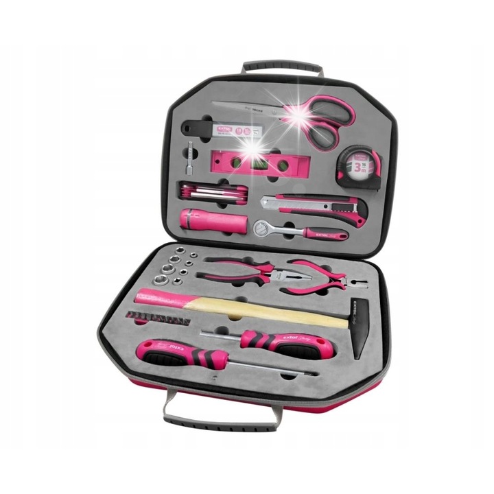 Set de unelte, Extol, 47 piese, roz, cutie de transport