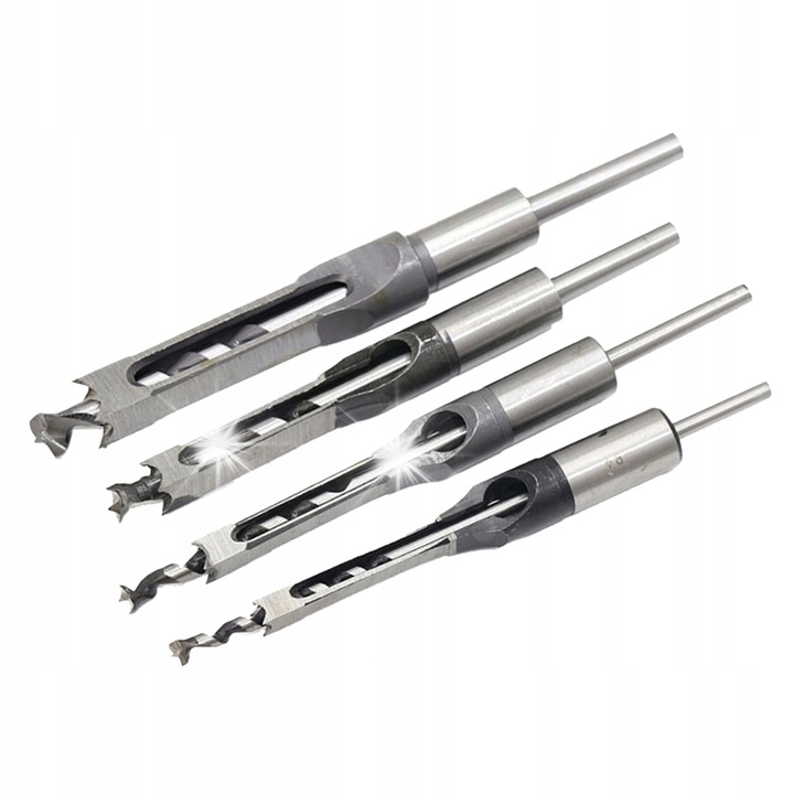 Set 4 burghie pentru gauri patrate in Lemn, Diametre: 6.4mm, 8mm, 9.5mm, 12.7mm, Lungimi: 118mm, 134mm