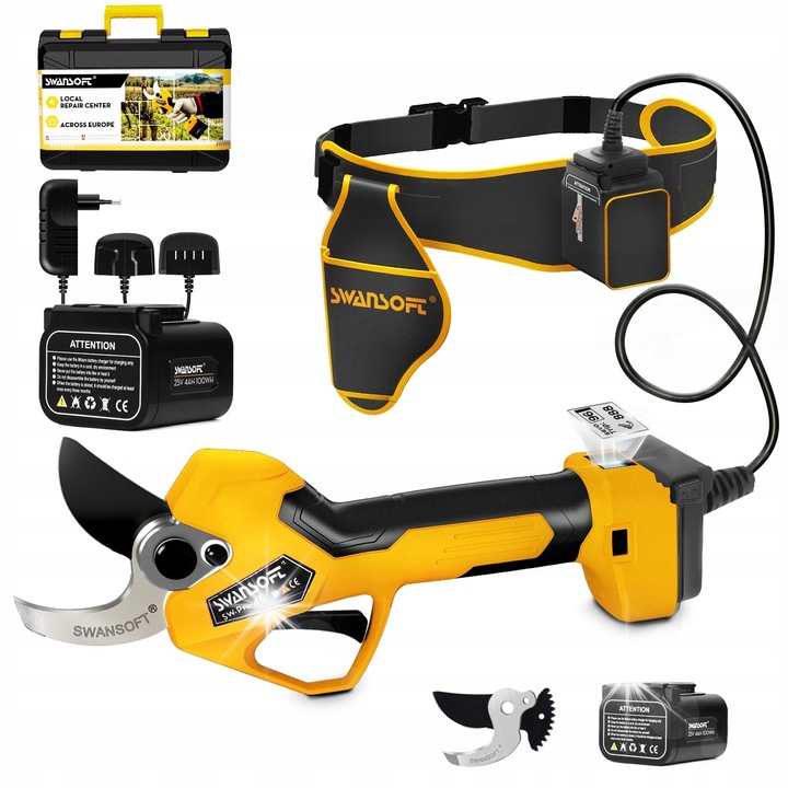 Foarfeca electrica pentru gradina Swansoft, 20V, taiere O45mm, set 2 baterii 25V 4Ah, rezistenta la apa