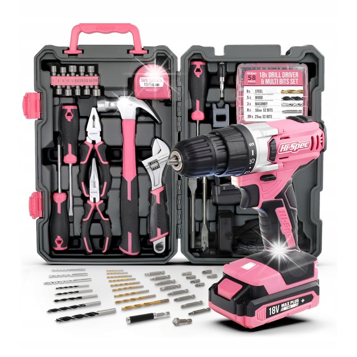 Set complet de unelte Hi-Spec, wiertarko-surubelnita 18V roz, 81 piese, cutie de unelte portabila