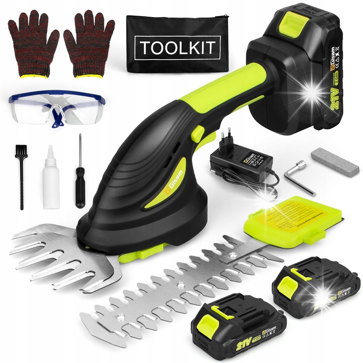 Foarfeca de gradinarit Gisam, 21V, set 2x2.0Ah, 2 tipuri de lame, antiderapant, cu acumulator