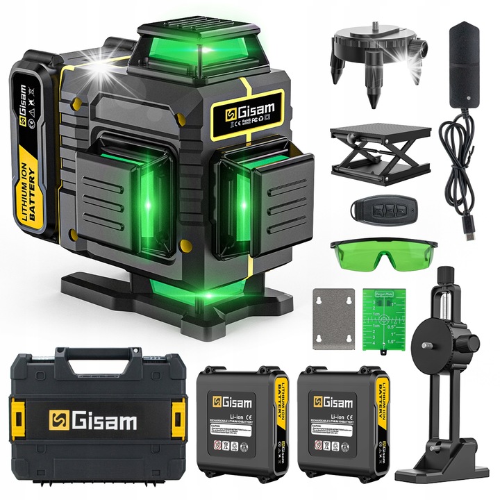 Nivela laser 4D Gisam, 16 linii, set complet cu acumulatori, incarcator, suport rotativ, distanta de lucru 40-60m, IP54
