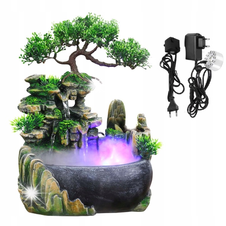 Fantana de birou, efect de atomizare, 20x20x15cm, set complet cu baza luminoasa, decorare interioara