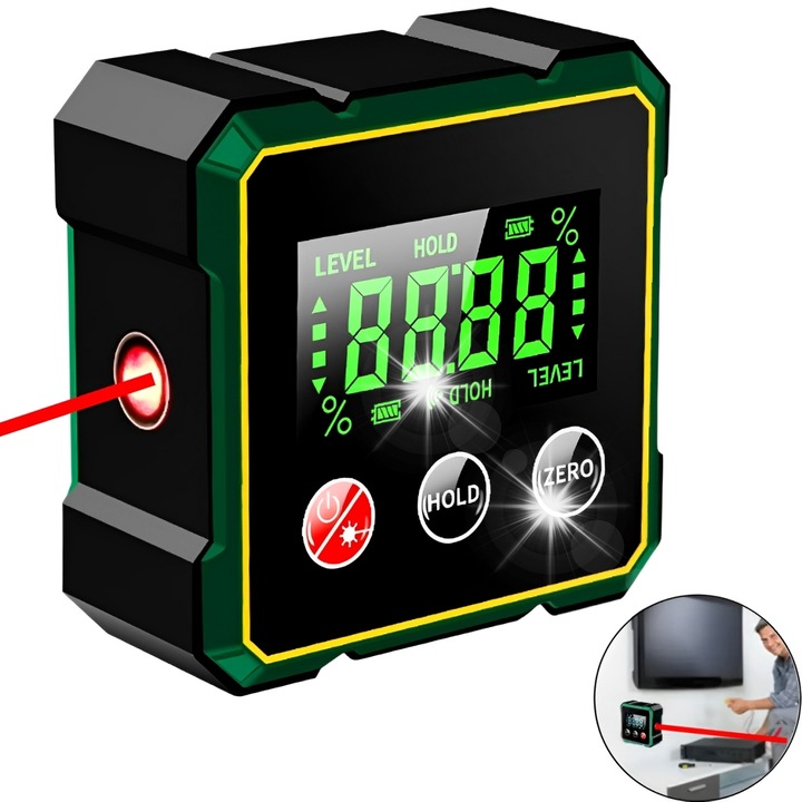 Inclinometru digital cu laser, 62x60x33mm, functie magnetica, incarcare USB
