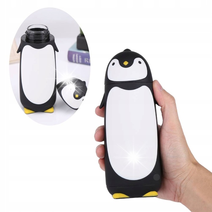 Стъклена бутилка за вода с модел пингвин, 300мл, черна, комплект