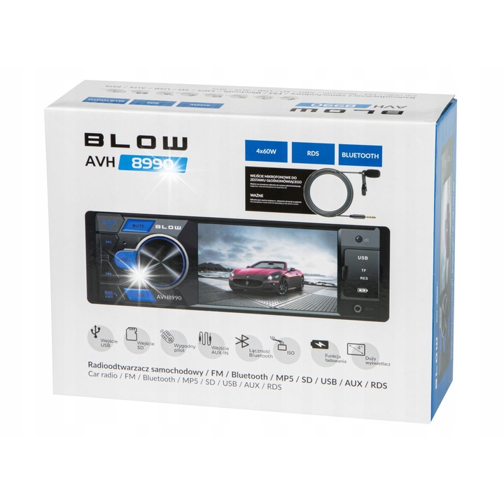 Radio auto BLOW AVH-8990 1DIN, Bluetooth, 2x USB, 4" display, set complet