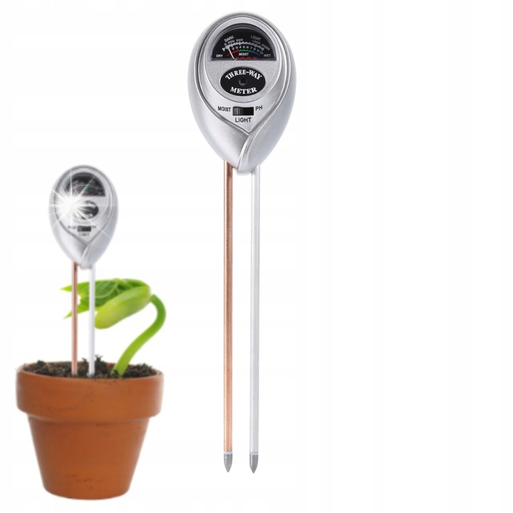 3 az 1-ben talajtesztelő, pH, nedvesség, fény, 26x8.8x6cm, hordozható