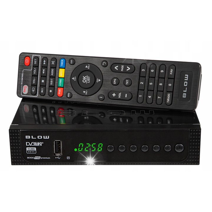 Тунер DVB-T2 BLOW Full HD, H.265 HEVC, USB, HDMI, с дистанционно управление и батерии, 8000FHD PREMIUM