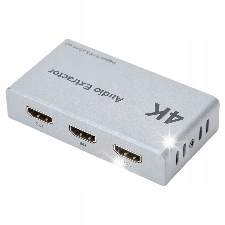 Extractor audio HDMI 2 in 1, iesire 4K, 2 intrari HDMI, 1 iesire HDMI, SPDIF, 3,5 mm, dimensiuni 90x47x19mm