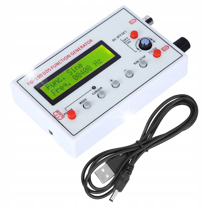 Generator functional DDS FG-100, 1Hz-500kHz, semnal sinusoidal, dimensiuni mici, set complet