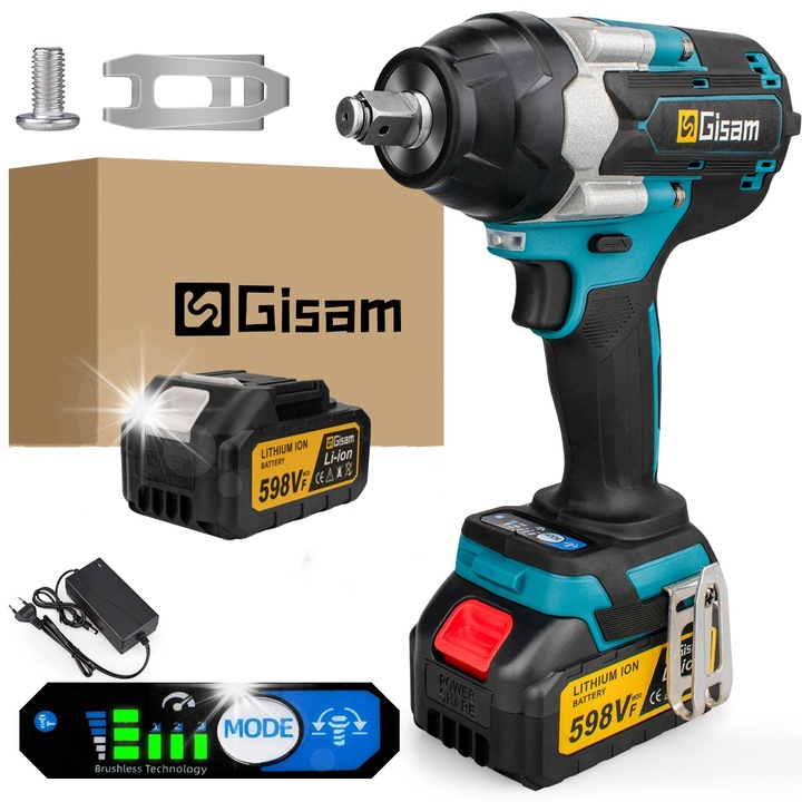 Cheie cu impact 1/2" Gisam 1800Nm 20V, set complet cu acumulator 3Ah si accesorii