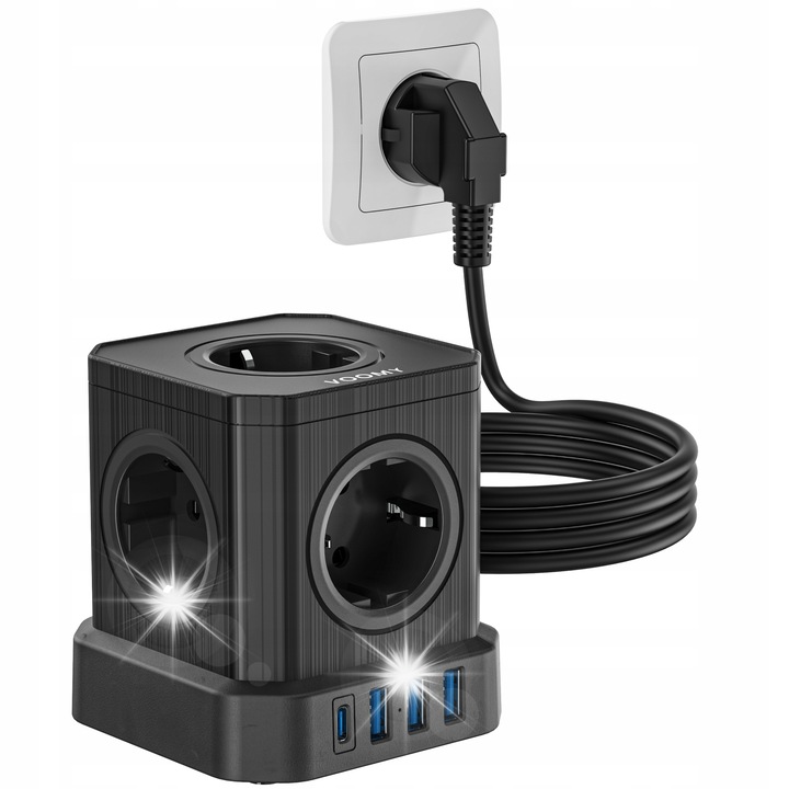 Prelungitor VOOMY Power Cube S6, 5 gniazd, 1 USB-C, 3 USB-A, 3m, negru