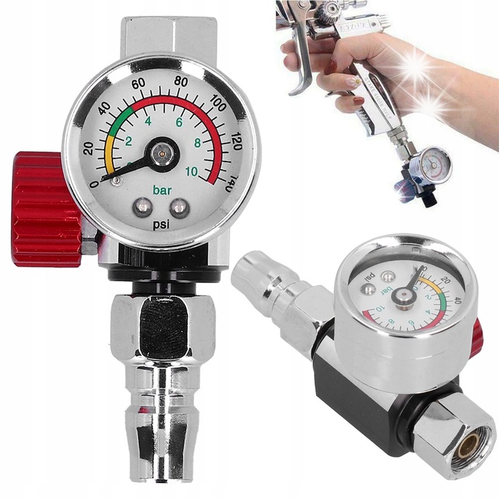Regulator presiune aer 1/4, manometru 0-10bar, inox, argintiu si rosu