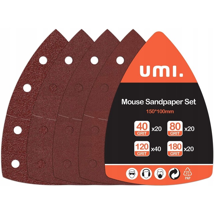 Set hartie abraziva UMI. 100 bucati, 20 buc x granulație 40, 20 buc x granulație 80, 40 buc x granulație 120, 20 buc x granulație 180