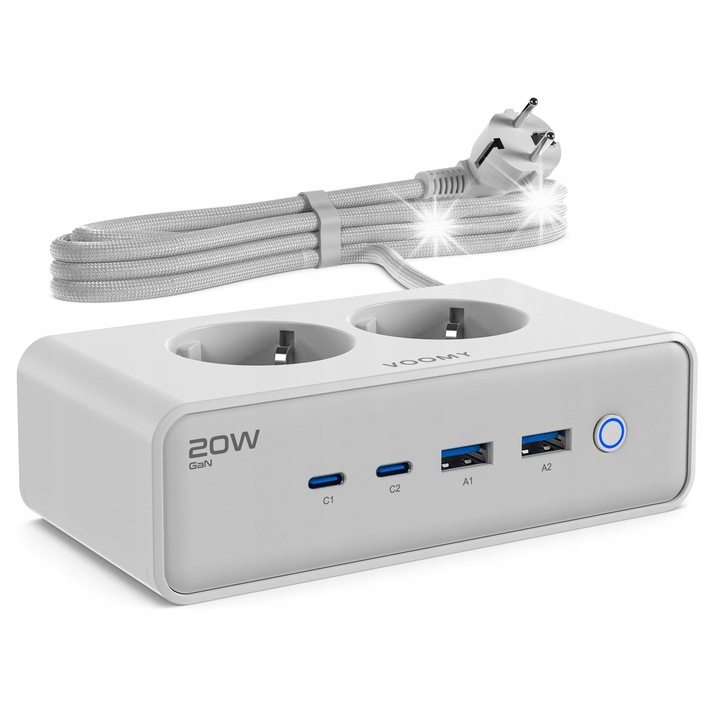 Prelungitor VOOMY S20, 2x gniazdo, 2m, alb, 66x131x41mm