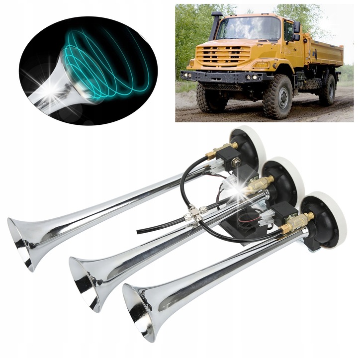 Claxon auto set de 3, 145DB, 6 melodii, cromata, 305x79mm