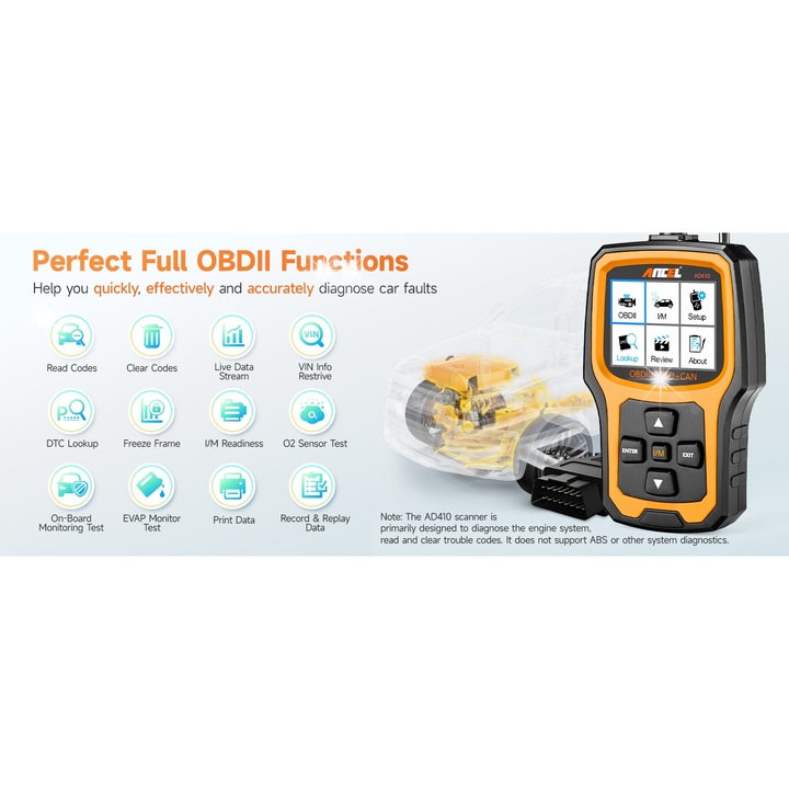 Тестер за автомобили Ancel AD410 OBDII, усъвършенствана диагностика, многоезична поддръжка, 2.4 TFT дисплей, 16PIN
