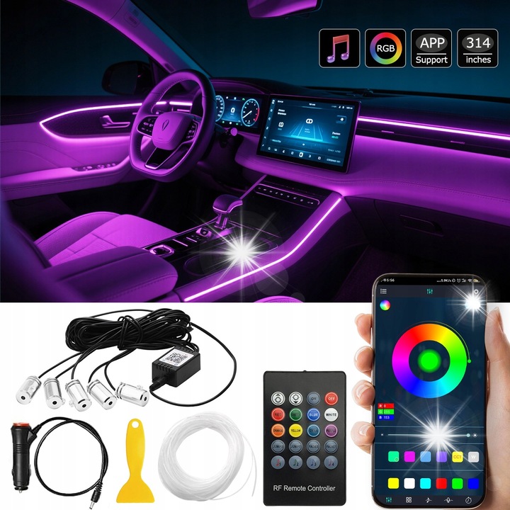 Banda LED RGB pentru iluminat interior auto, 8m, controlata prin aplicatie, multicolor