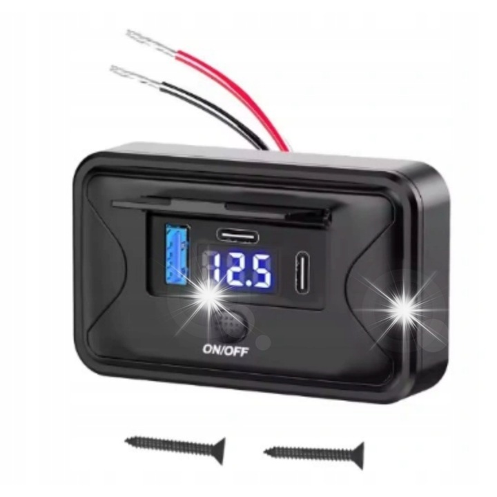 Autós aljzat 12V/24V USB 2xPD QC3.0, voltmérő, 90W, minimalista design, komplett szett