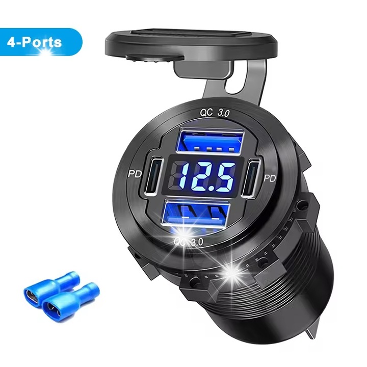 Autós USB aljzat QC 3.0, 2 PD porttal, 78W, IP66, voltmérővel, 12V/24V